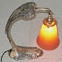 Lampe De Table Art Deco Nouveau Bronze Aigle Tulipe Pâte De Verre
