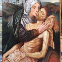 Tableau Primitif Ancien Renaissance Huile Religieux Déposition Christ Vierge