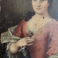 Tableau Ancien 18ème Portrait de Femme à la Fleur Tenue Dentelle Peinture Signée