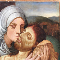 Tableau Primitif Ancien Renaissance Huile Religieux Déposition Christ Vierge