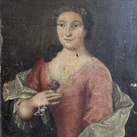 Tableau Ancien 18ème Portrait de Femme à la Fleur Tenue Dentelle Peinture Signée