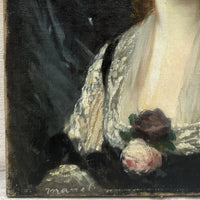 Tableau Ancien Signé « MANET » Portrait Femme Fleur Rose Édouard Peinture 19ème