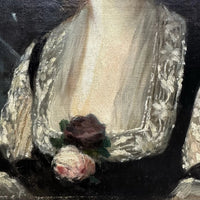 Tableau Ancien Signé « MANET » Portrait Femme Fleur Rose Édouard Peinture 19ème