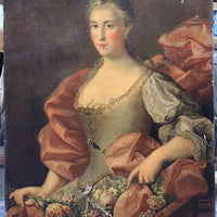 Grand Tableau Ancien Huile Portrait Femme Élégante Fleurs XVIIIe