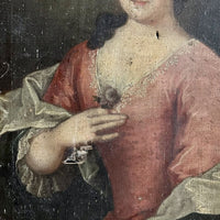 Tableau Ancien 18ème Portrait de Femme à la Fleur Tenue Dentelle Peinture Signée