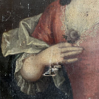 Tableau Ancien 18ème Portrait de Femme à la Fleur Tenue Dentelle Peinture Signée