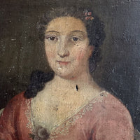 Tableau Ancien 18ème Portrait de Femme à la Fleur Tenue Dentelle Peinture Signée