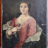 Tableau Ancien 18ème Portrait de Femme à la Fleur Tenue Dentelle Peinture Signée