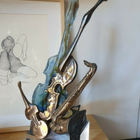 Sculpture Lampe En Bronze Et Verre De Yves Lohé