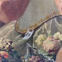 Grand Tableau Ancien Huile Portrait Femme Élégante Fleurs XVIIIe