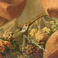 Grand Tableau Ancien Huile Portrait Femme Élégante Fleurs XVIIIe