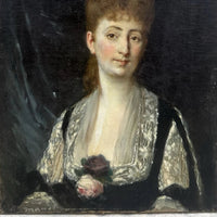 Tableau Ancien Signé « MANET » Portrait Femme Fleur Rose Édouard Peinture 19ème