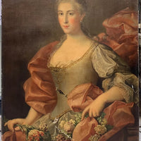 Grand Tableau Ancien Huile Portrait Femme Élégante Fleurs XVIIIe