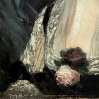 Tableau Ancien Signé « MANET » Portrait Femme Fleur Rose Édouard Peinture 19ème