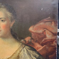 Grand Tableau Ancien Huile Portrait Femme Élégante Fleurs XVIIIe