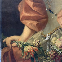 Grand Tableau Ancien Huile Portrait Femme Élégante Fleurs XVIIIe