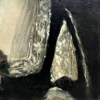 Tableau Ancien Signé « MANET » Portrait Femme Fleur Rose Édouard Peinture 19ème