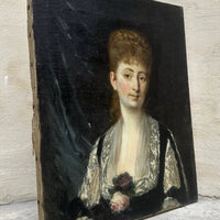 Tableau Ancien Signé « MANET » Portrait Femme Fleur Rose Édouard Peinture 19ème