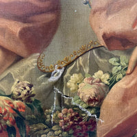 Grand Tableau Ancien Huile Portrait Femme Élégante Fleurs XVIIIe